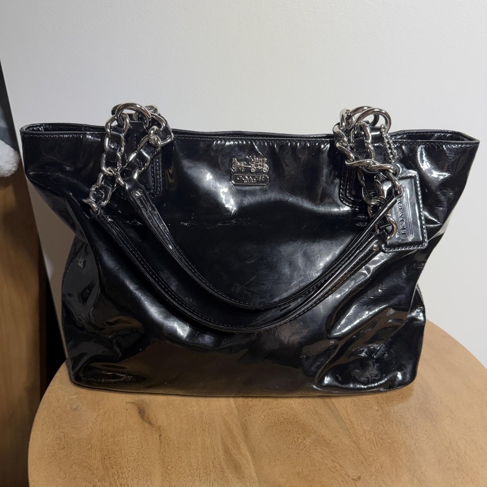 Y2K Coach Madison 20484 Tote Bag Womens Large Black Patent Leather Purple Lining